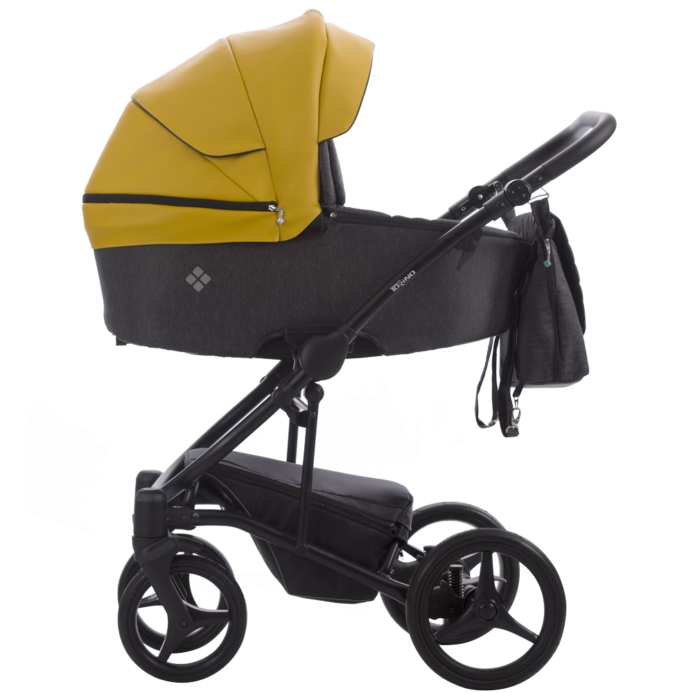 Carucior 3 in 1 Bebetto, Torino 09, Din piele ecologica, Suspensii reglabile, Maner reglabil pe inaltime, Cu accesorii, Negru/Galben, GARANTIE 7 ANI