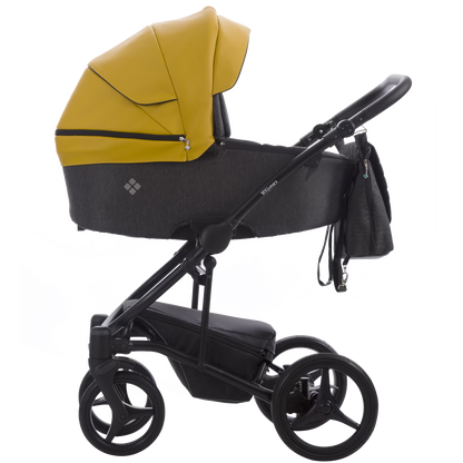 Carucior 3 in 1 Bebetto, Torino 09, Din piele ecologica, Suspensii reglabile, Maner reglabil pe inaltime, Cu accesorii, Negru/Galben, GARANTIE 7 ANI