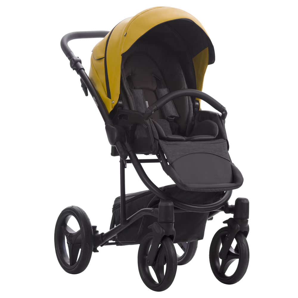 Carucior 3 in 1 Bebetto, Torino 09, Din piele ecologica, Suspensii reglabile, Maner reglabil pe inaltime, Cu accesorii, Negru/Galben, GARANTIE 7 ANI