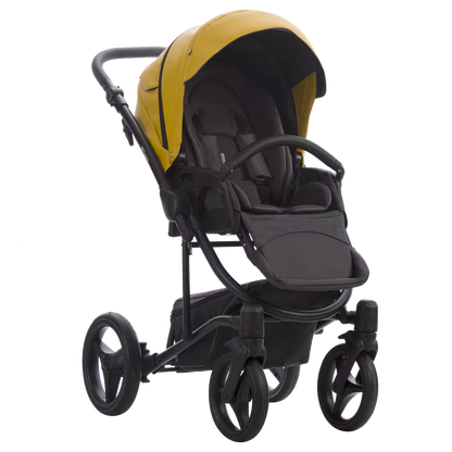 Carucior 3 in 1 Bebetto, Torino 09, Din piele ecologica, Suspensii reglabile, Maner reglabil pe inaltime, Cu accesorii, Negru/Galben, GARANTIE 7 ANI