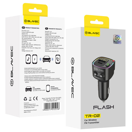 Modulator FM Bluetooth Blavec Flash TR-02, 1 x USB-A - 1 x USB-C TFMFTR02-B, GARANTIE 5 ANI
